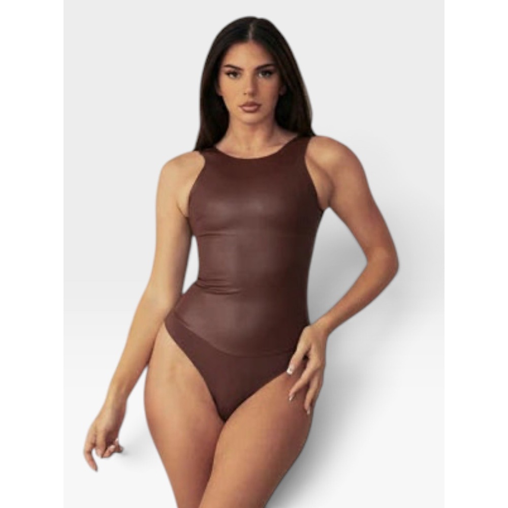 Pinsy Vegan Leather Bodysuit Size M Chocolate Brown